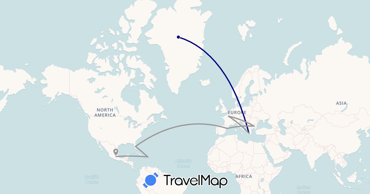 TravelMap itinerary: driving, plane in Bulgaria, Dominican Republic, Spain, France, Greenland, Greece, Mexico, United States (Europe, North America)